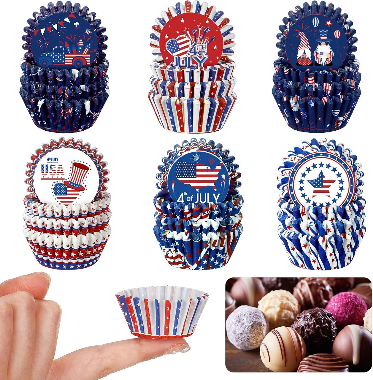 600 Count Patriotic Mini Cupcake Liners - Red White and Blue Candy Cups for Independence Day, 6 Styles of Star, Flag & Gnome Baking Supplies - Mini Muffin Wrappers for July 4th, Memorial Day Party